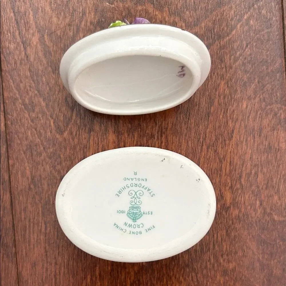 Vintage Crown Staffordshire Oval Fine Bone China Trinket Box w/ Painted Flowers